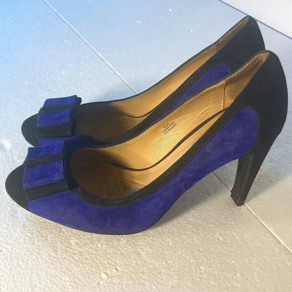 Isaac Mizrahi SZ 9 Isleah Black & Sapphire Blue Suede Bow Pumps Formal Pin-up - Picture 4 of 11